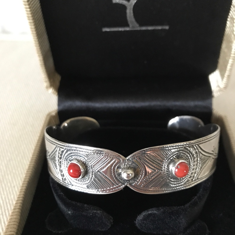 Algerian Silver and Red Coral Cuff Bracelet